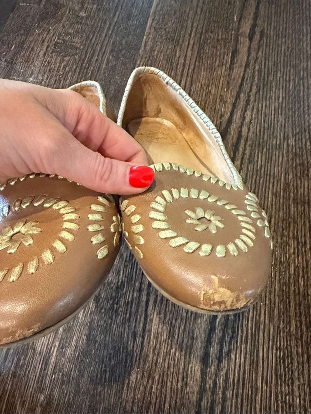 Jack Rogers Brown Gold Leather Women's Embroidered Ballet Flats